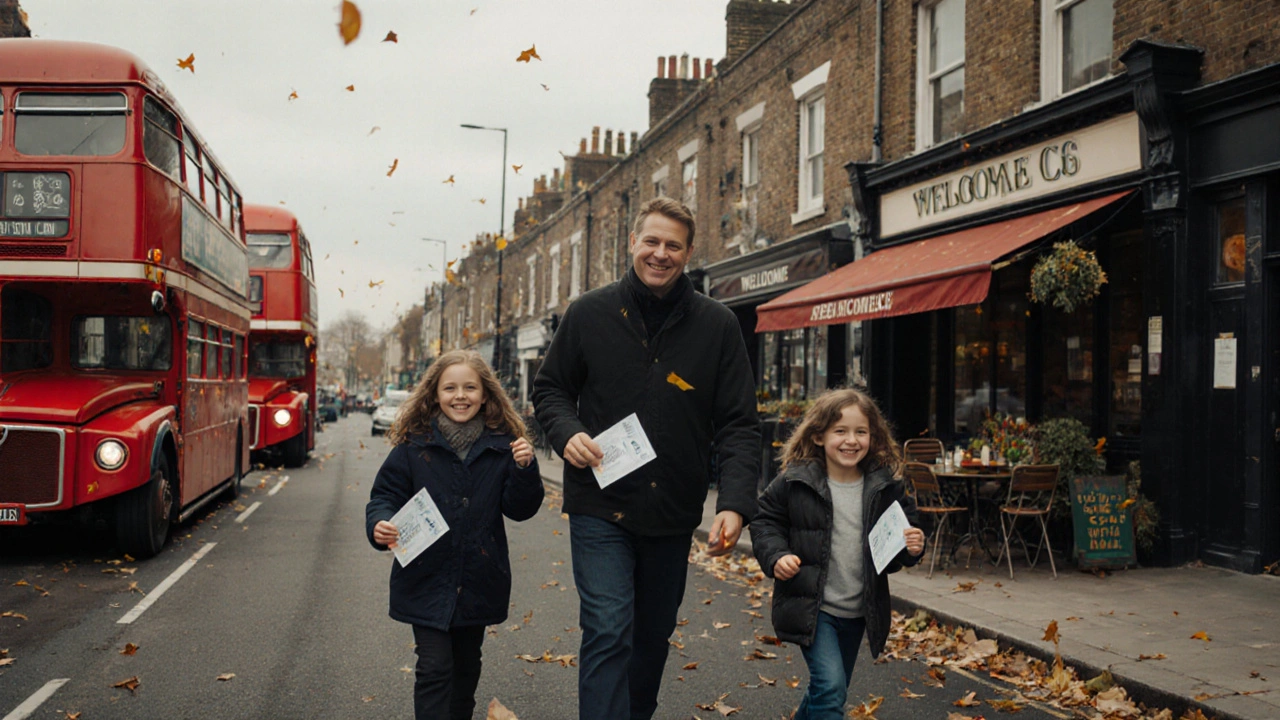 Family walking in London with Biometric Residence Permits, autumn leaves falling around them.