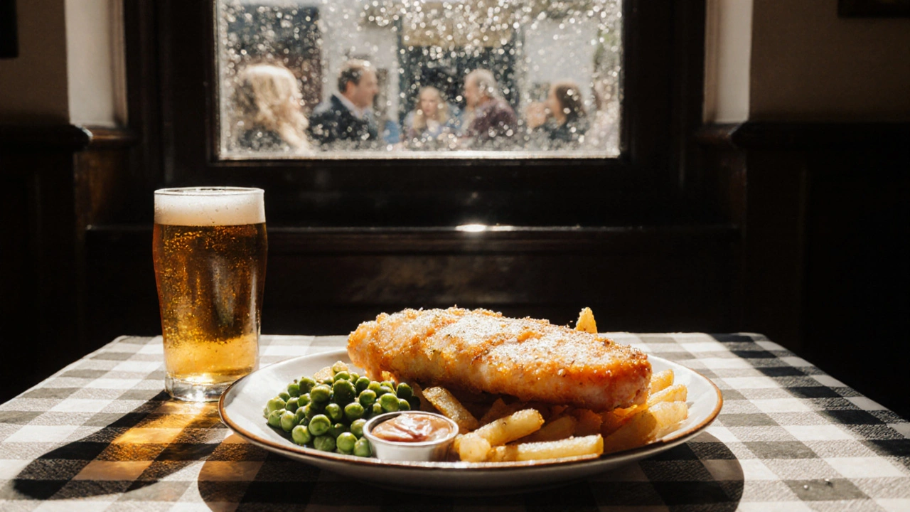 Fish and chips with crispy cod and mushy peas at a traditional pub in East Dulwich, served without cutlery.