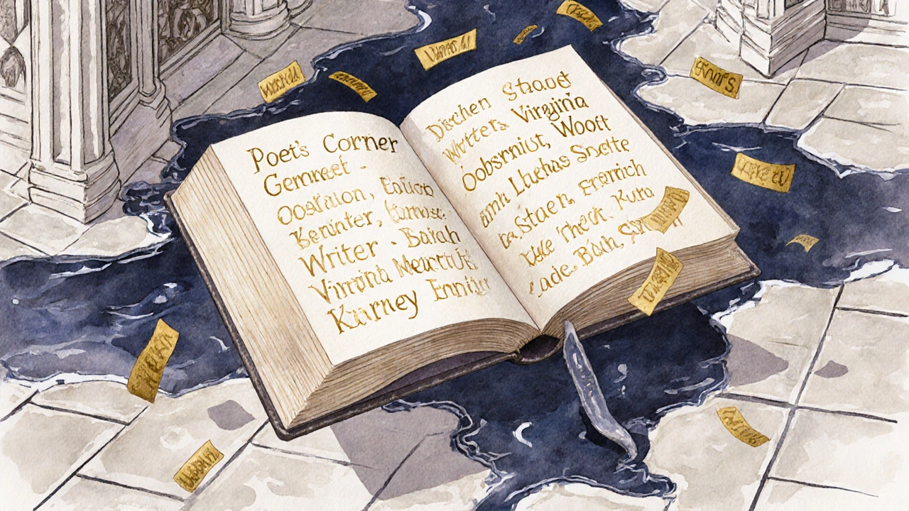 Floating book whose pages become names of writers, dissolving into ink flowing toward a river, representing enduring words.