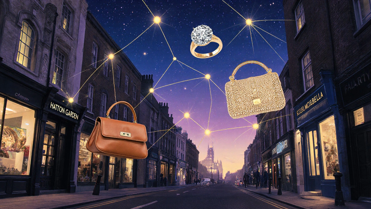 Floating jewelry and leather bags in a surreal London streetscape, connected by golden threads of craftsmanship.