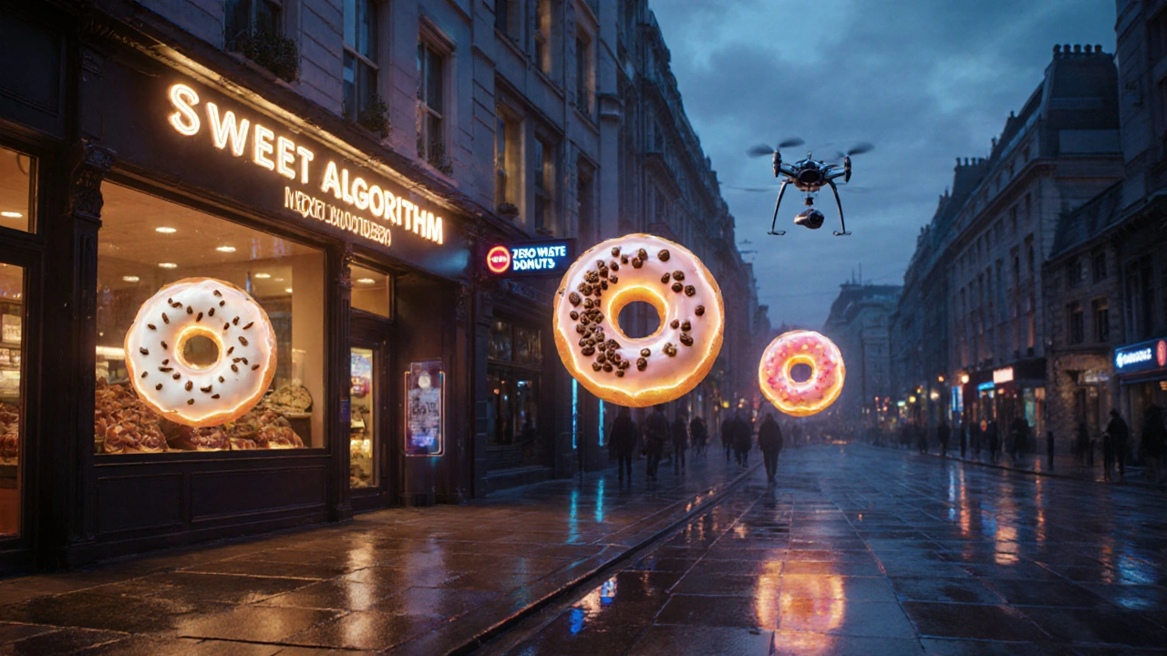 Floating vegan donuts with glowing ingredients above a London bakery, representing AI-generated flavors and sustainable dessert innovation.
