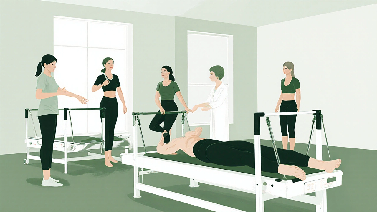 Former physiotherapist guiding a small group through a spine-alignment exercise using the Cadillac.