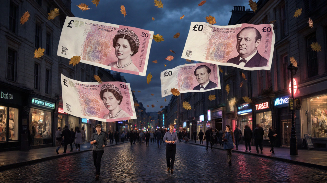 Giant floating UK banknotes drifting over a London street with tourists below.