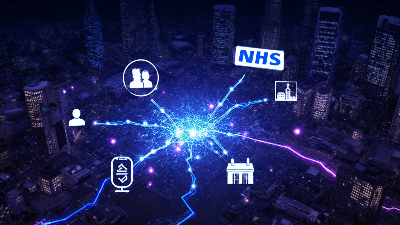 Glowing neural network connected to London landmarks, symbolizing AI innovation.