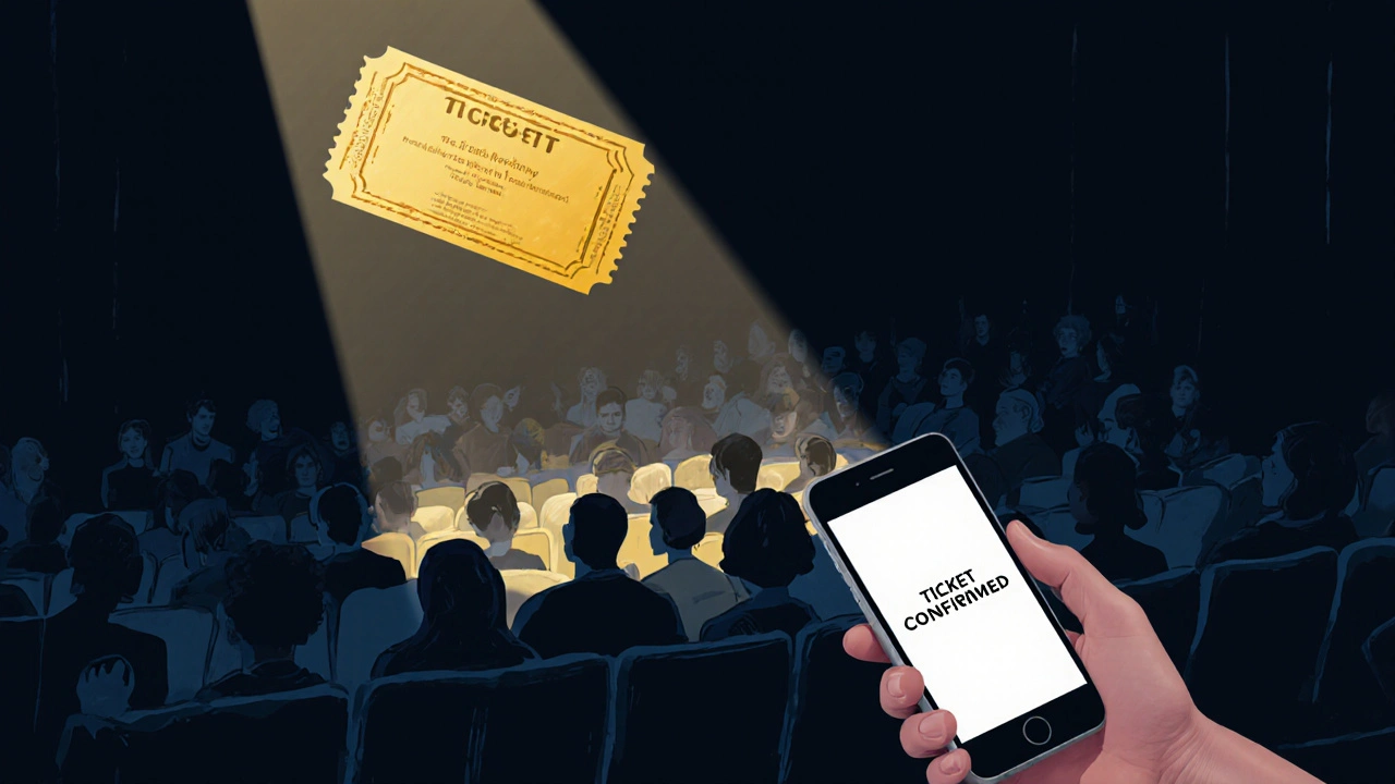 Golden ticket hovering above a filled theatre auditorium, with a glowing phone showing a confirmed ticket notification in the foreground.