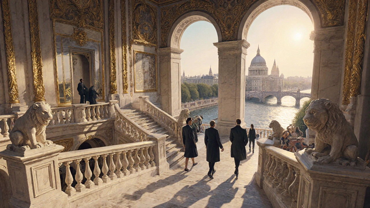 Grand staircase with carved lions and gilded railings, visitors ascending as the river and dome appear in the background.