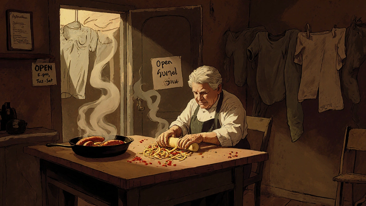 Grandmother making orecchiette pasta above a laundromat in Walthamstow, steam rising from the pan.