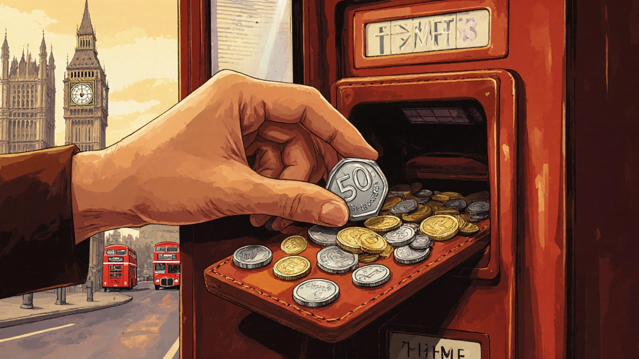 Hand inserting a seven-sided 50p coin into a London Tube ticket machine.