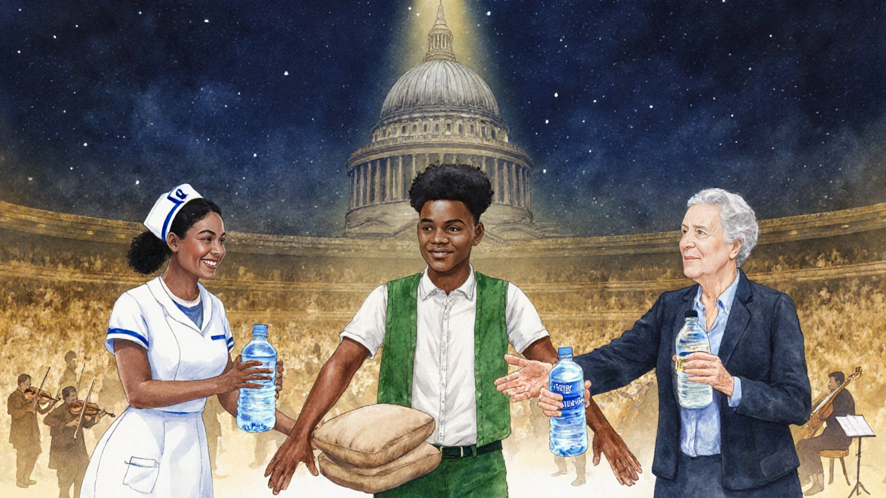 Hands of people from different backgrounds holding cushions and bottles, united in the Arena at the Proms.