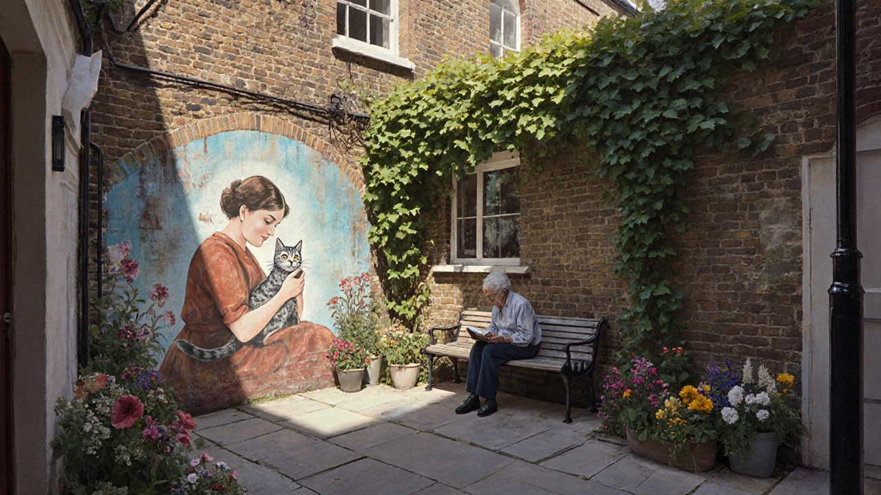 Hidden courtyard mural of a woman holding a cat, surrounded by fresh flowers and ivy-covered walls.