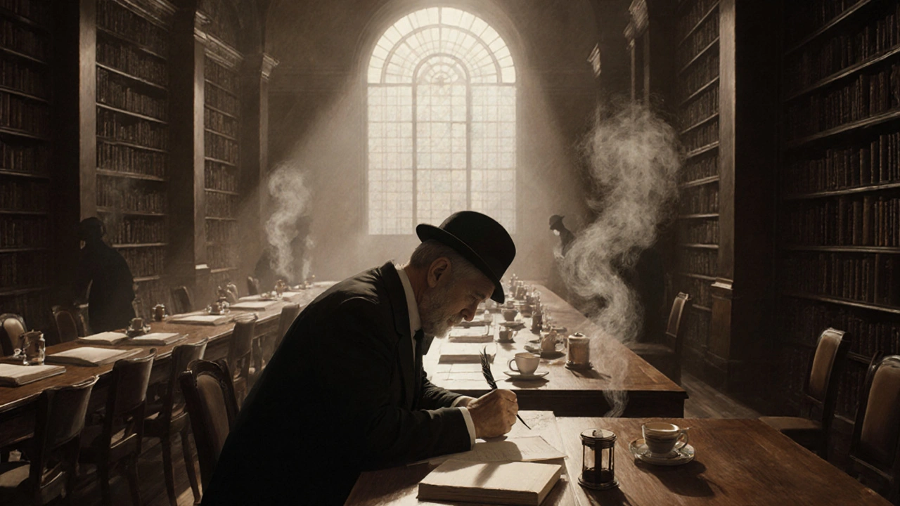 Historic reading room with wooden tables, towering shelves, and a writer at work under soft light.