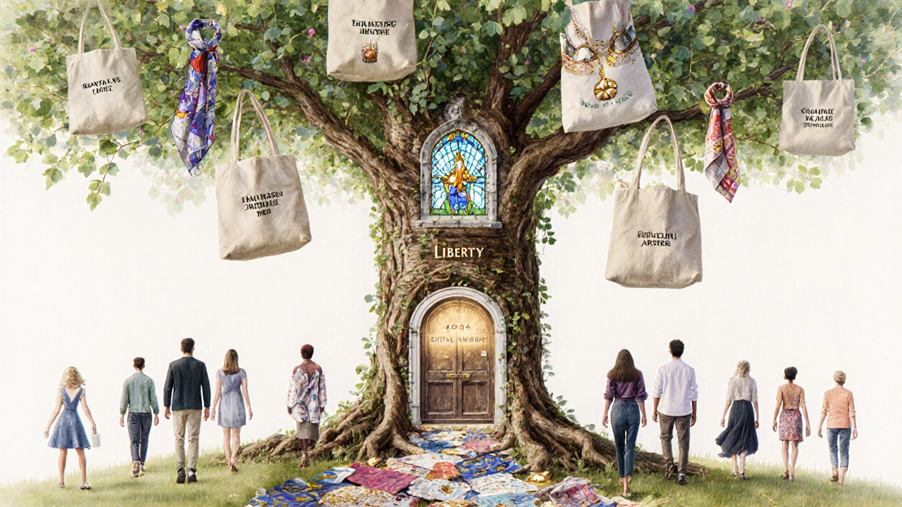 Liberty London as a magical tree with fabric scarves as leaves, roots made of tote bags, glowing archive door below.
