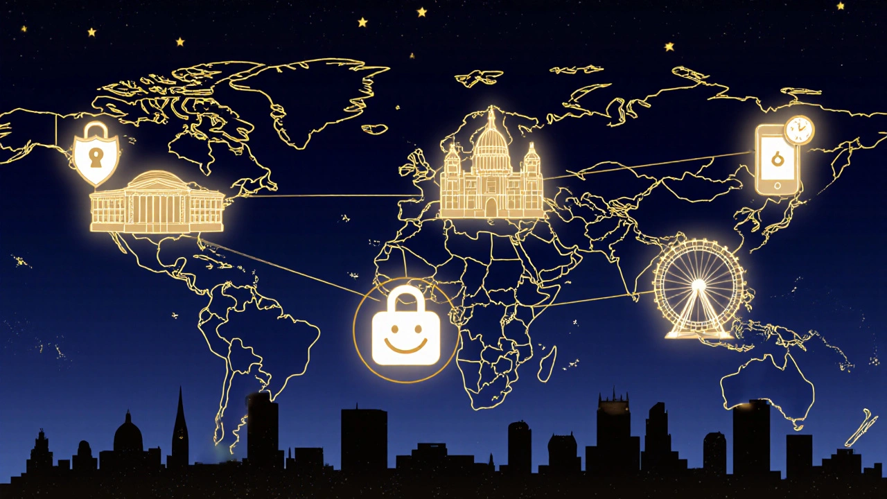 London map showing museums linked to luggage storage spots with icons symbolizing security and convenience.