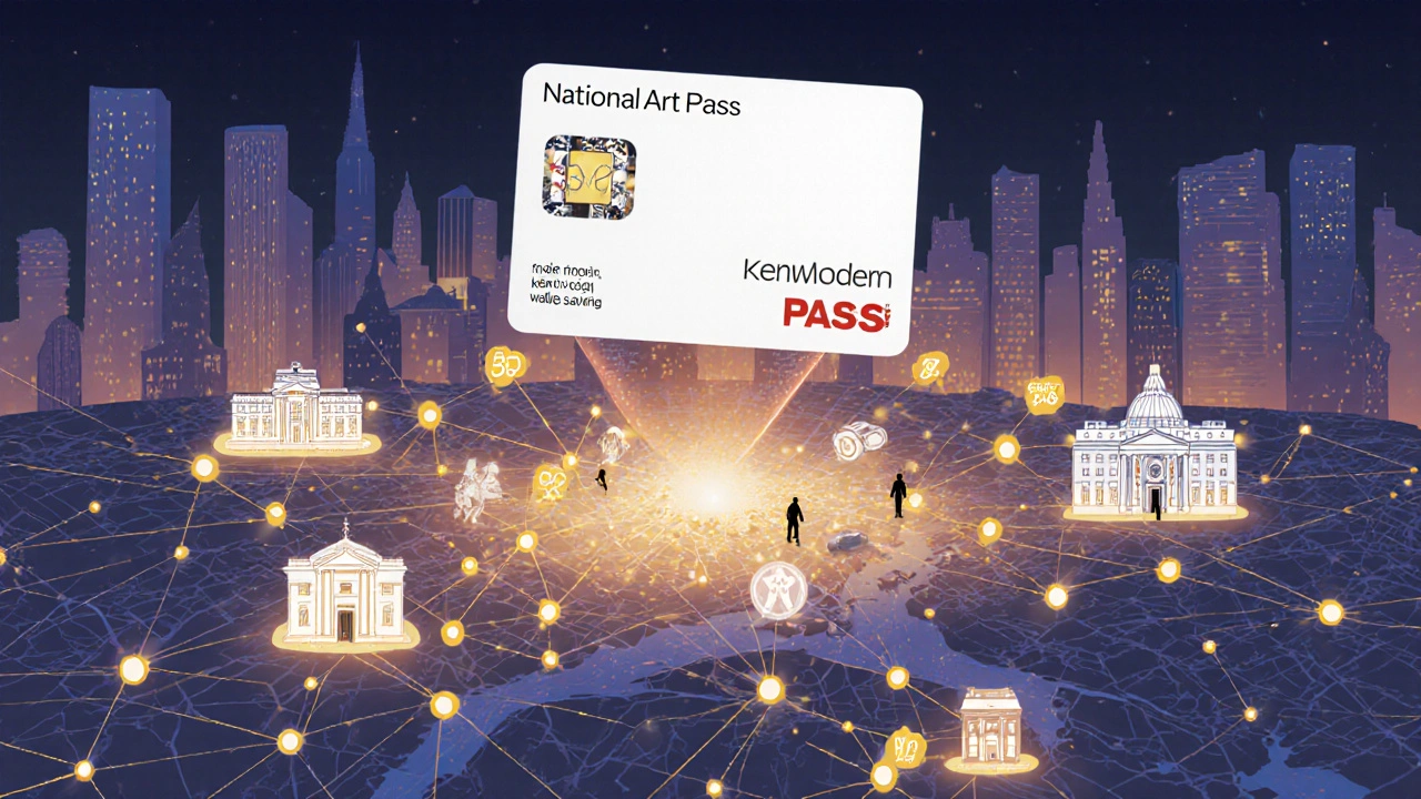 London map with glowing museum locations connected by golden threads from a floating Art Pass