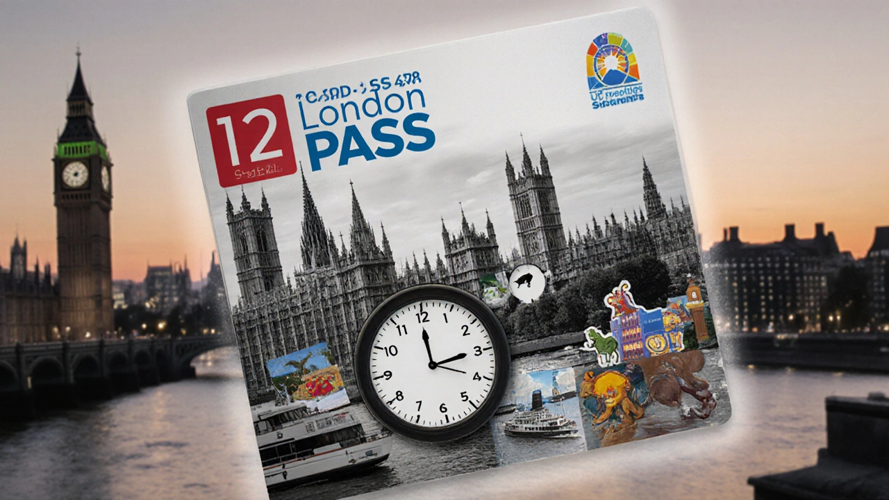 London Pass with icons of attractions fading into a clock, symbolizing time saved in London.