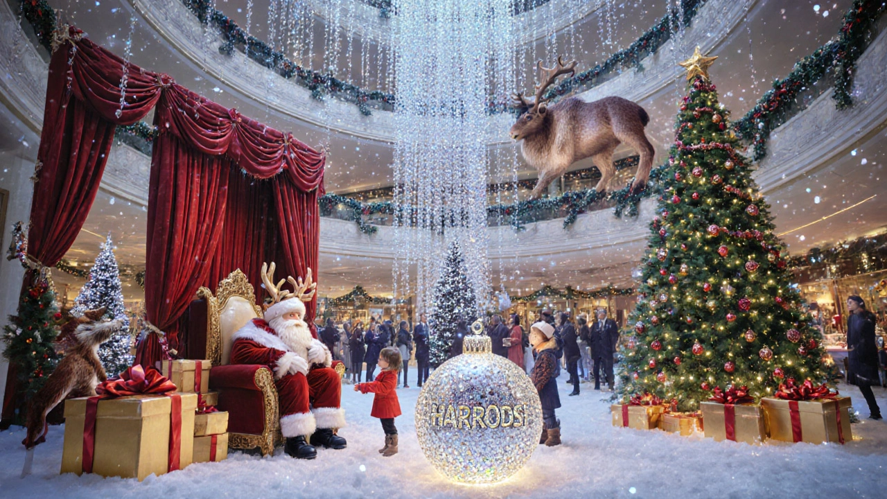 Magical Christmas wonderland inside Harrods with twinkling lights and animatronic reindeer.