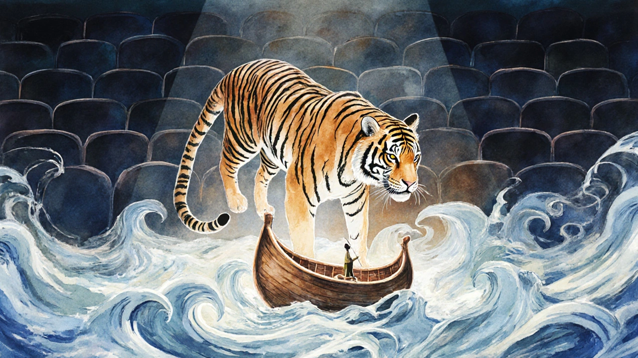 Magical stage scene from Life of Pi with a puppet tiger above swirling fabric waves.