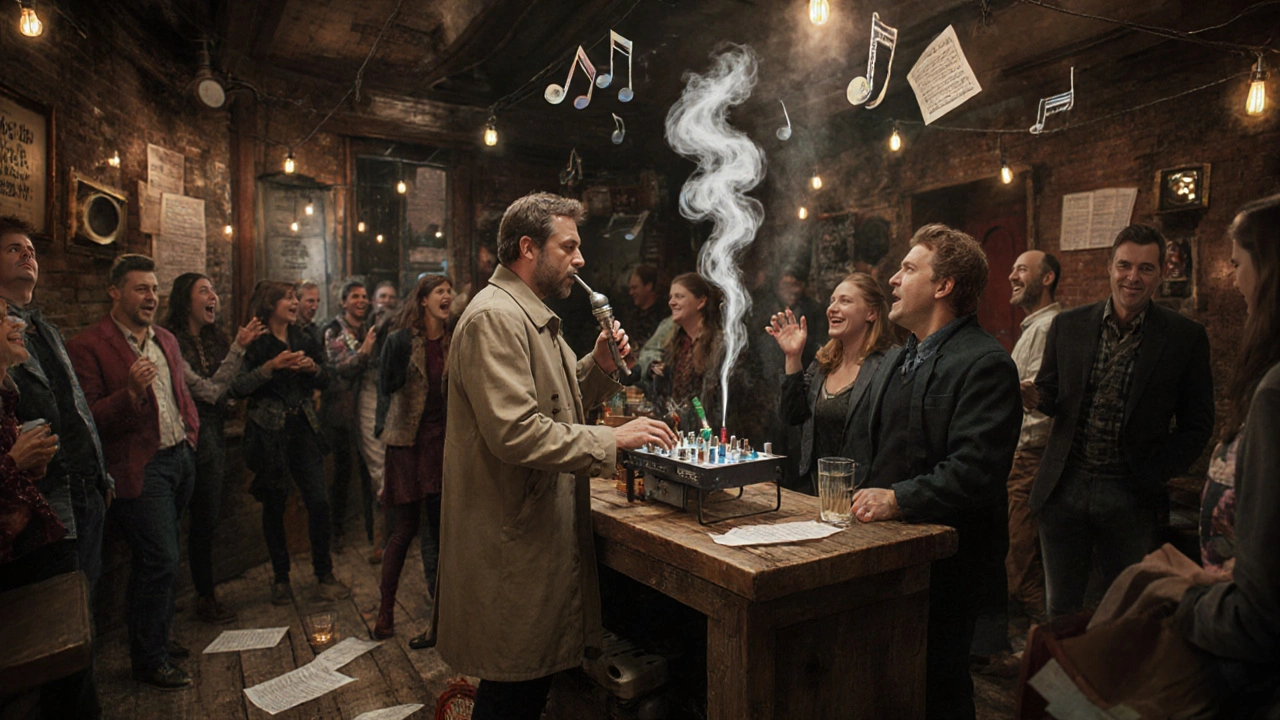 Man playing a creative instrument made from a bicycle pump and kazoo in a quirky Dalston pub.