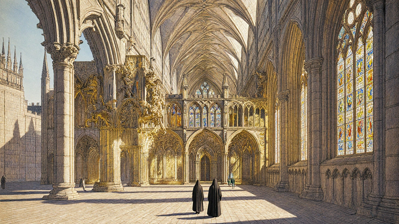 Medieval-style cross-section showing Gothic structural elements: pointed arches, flying buttresses, and light-filled walls.