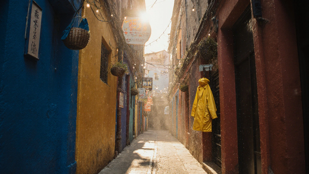 Narrow alley in Neal’s Yard lined with vibrant walls, overhead wires, and string lights glowing at dusk.