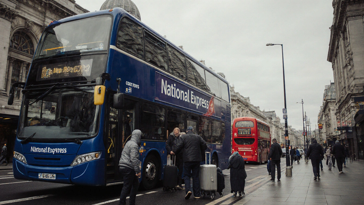 National Express coach at Victoria Coach Station with passengers unloading suitcases