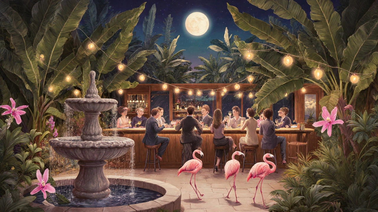 Open-air garden bar with flamingos and tropical plants, guests enjoying drinks under string lights.