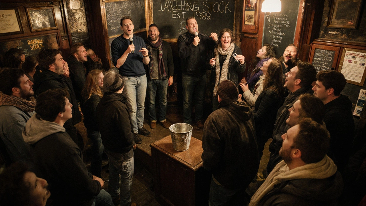 Packed pub crowd at The Bull &amp; Gate during a live open mic comedy night with donation hat on stage.