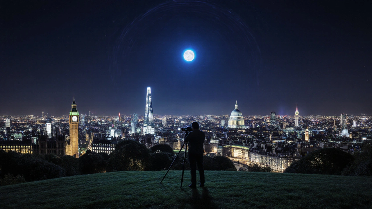 Panoramic night view from Primrose Hill showing London’s iconic skyline glowing against a deep violet sky.