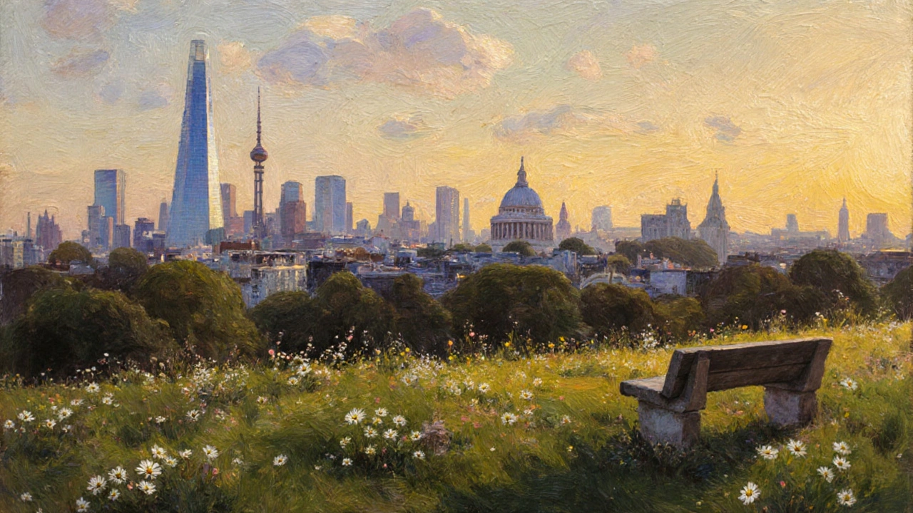 Panoramic view of London’s skyline from Waterlow Park’s hill, with wildflowers in bloom and the Shard, BT Tower, and St. Paul’s visible in the distance.