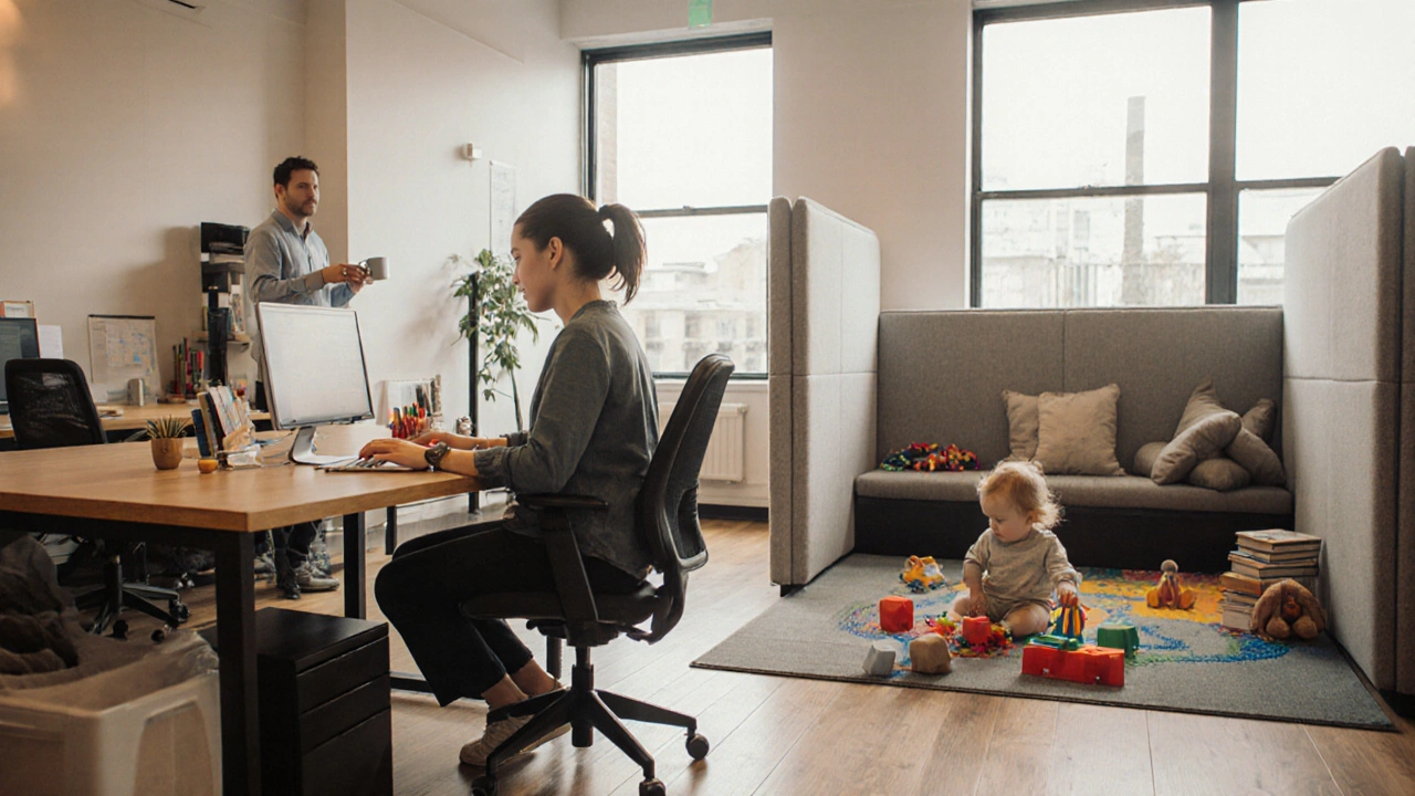 Parent working at a desk while child plays quietly in a dedicated kids’ area at Uncommon Victoria co-working space.