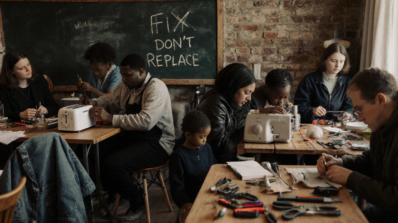 People repairing household items at a community repair café in Hackney, London.