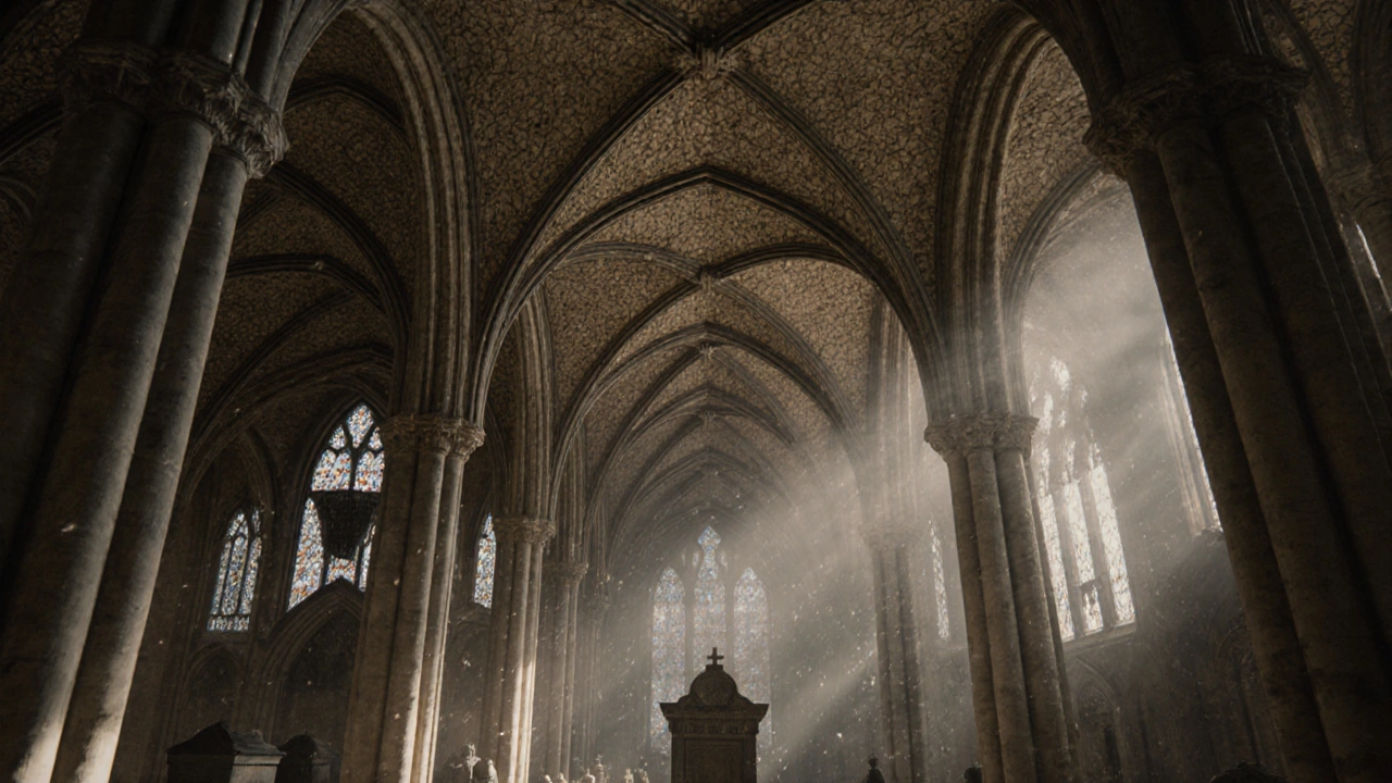 Perpendicular Gothic ceiling of Henry VII&#039;s Chapel with intricate stone ribs and soft morning light filtering down.