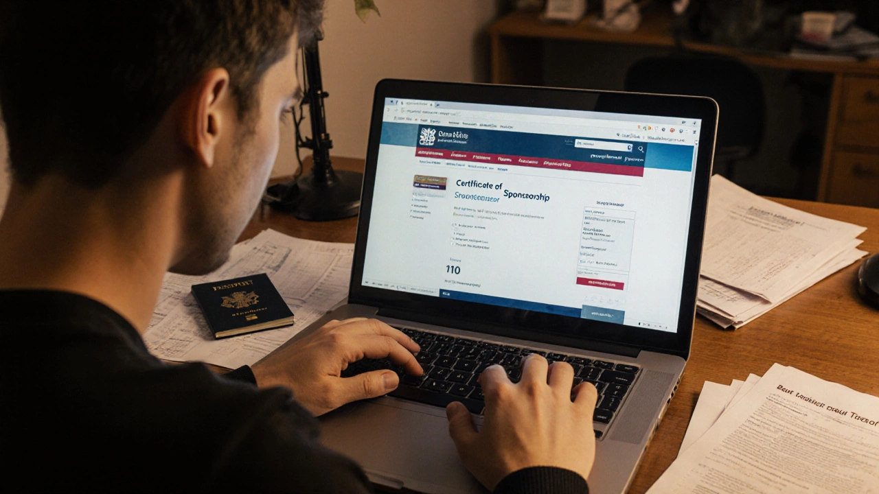 Person reviewing UK visa application on laptop with supporting documents on desk.