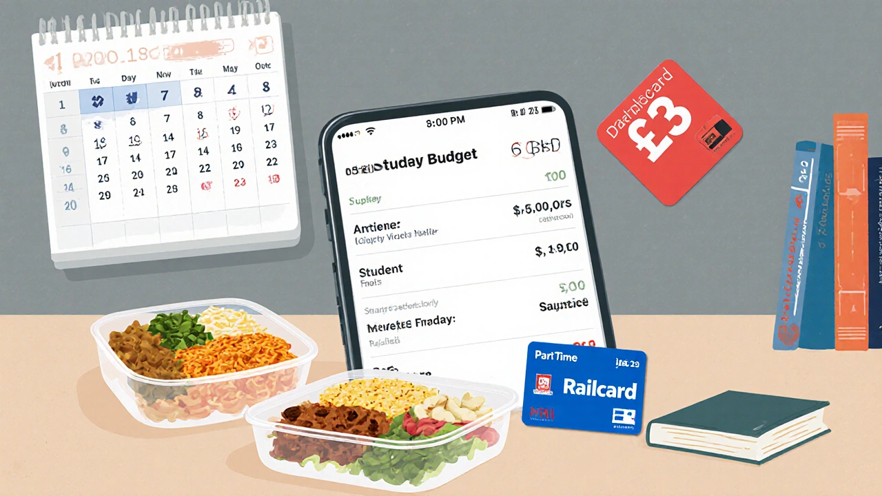 Phone showing budget app beside meal prep, railcard, and library book on counter.