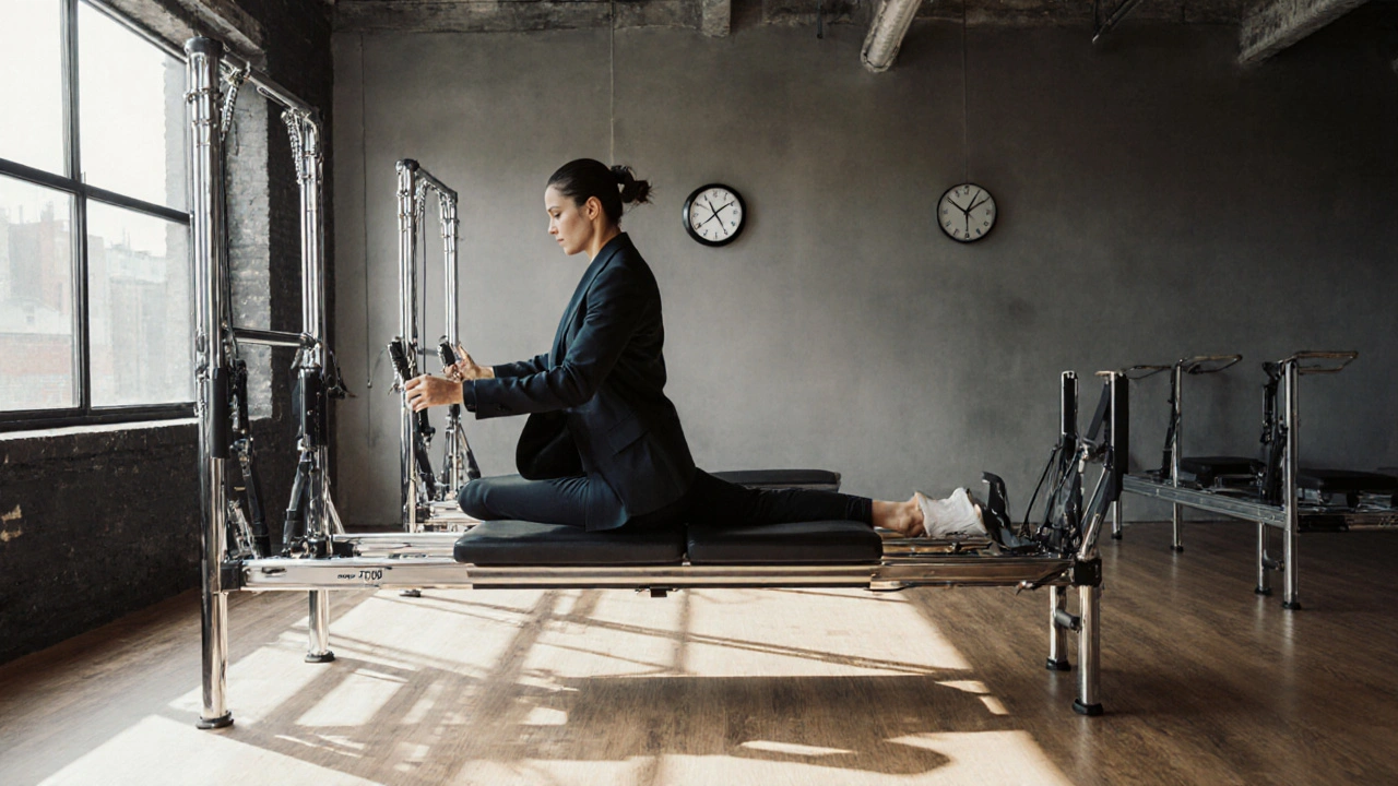 Professional doing a 30-minute reformer workout at dawn in a sleek, modern studio with a clock showing 7:30.