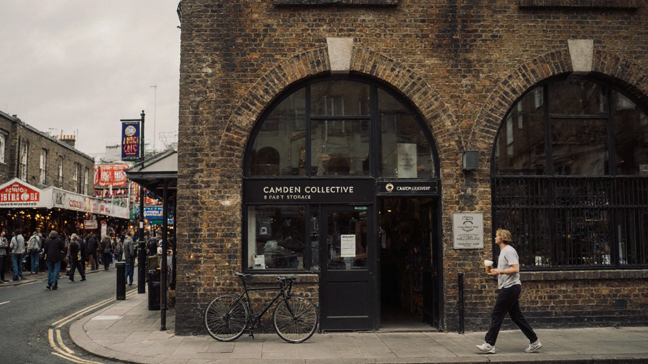 Restored 19th-century warehouse housing Camden Collective, with cyclists and Camden Market visible outside.