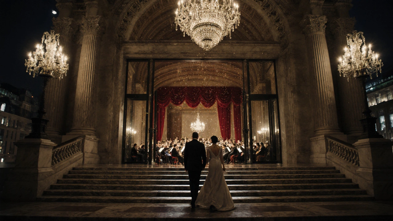 Royal Opera House at night with grand staircase and chandeliers, Covent Garden
