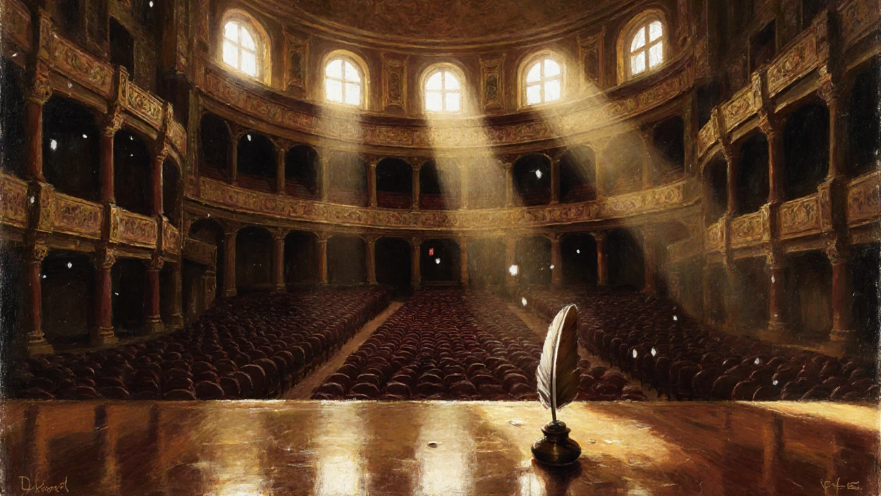 Royal Shakespeare Theatre stage bathed in golden light with a quill on the prop table.