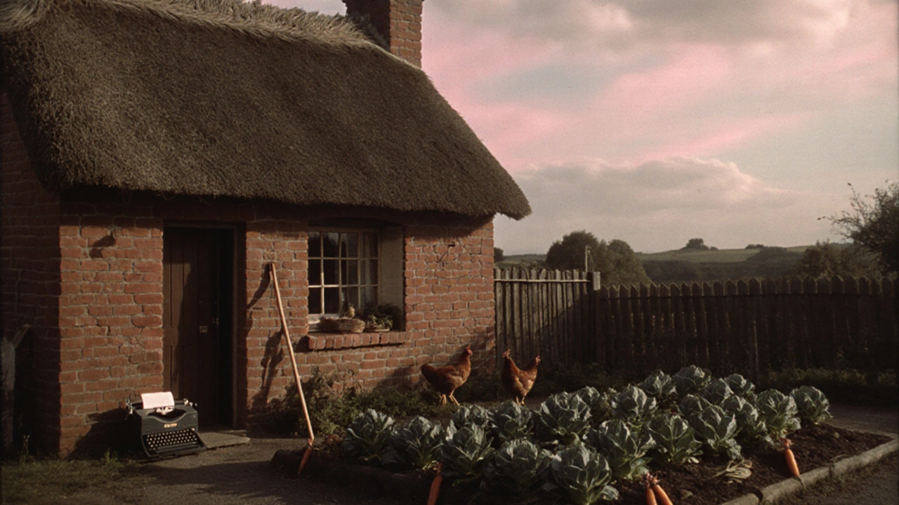 Shaw's modest country cottage with garden, walking stick, and typewriter visible through the window.