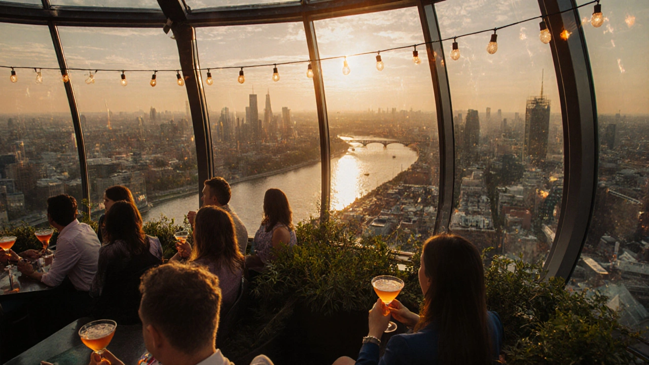 Sky-high bar with panoramic city views at sunset, guests sipping cocktails amid greenery.