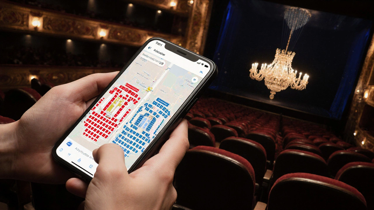 Smartphone displaying interactive seating map with side-by-side comparison of good and bad theatre seats.