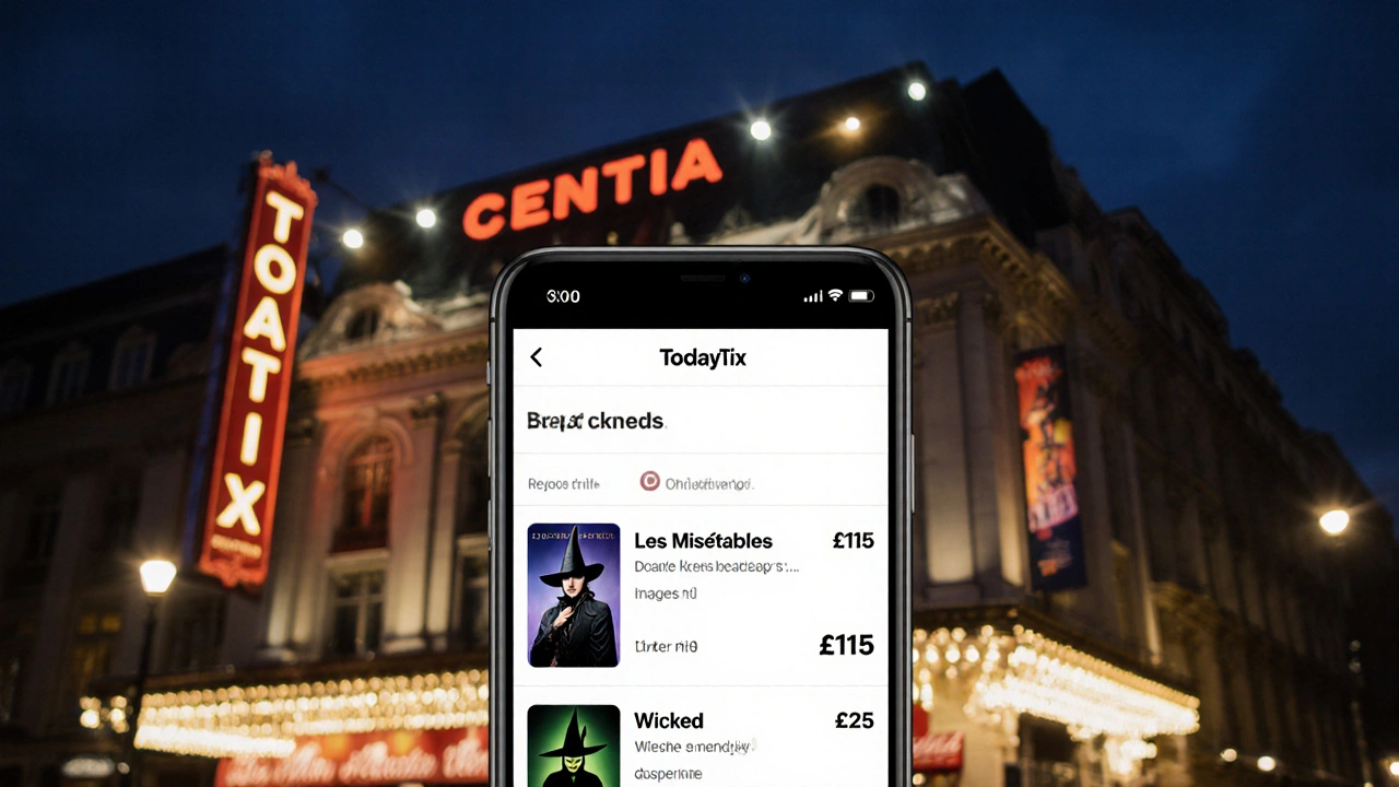 Smartphone screen displaying TodayTix app with discounted West End theatre tickets for £15 and £25, lit by ambient night light.