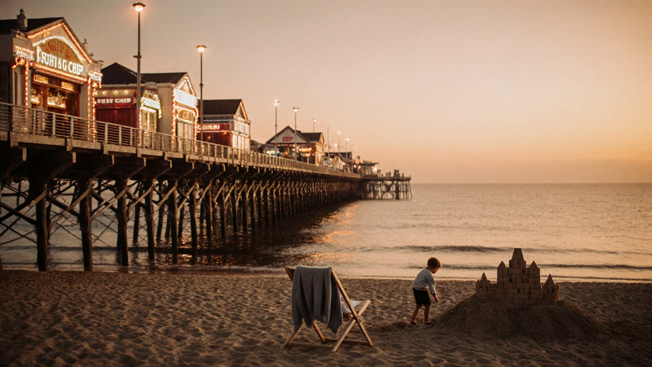 Southend pier at sunset with an empty deckchair and a family building a sandcastle nearby.