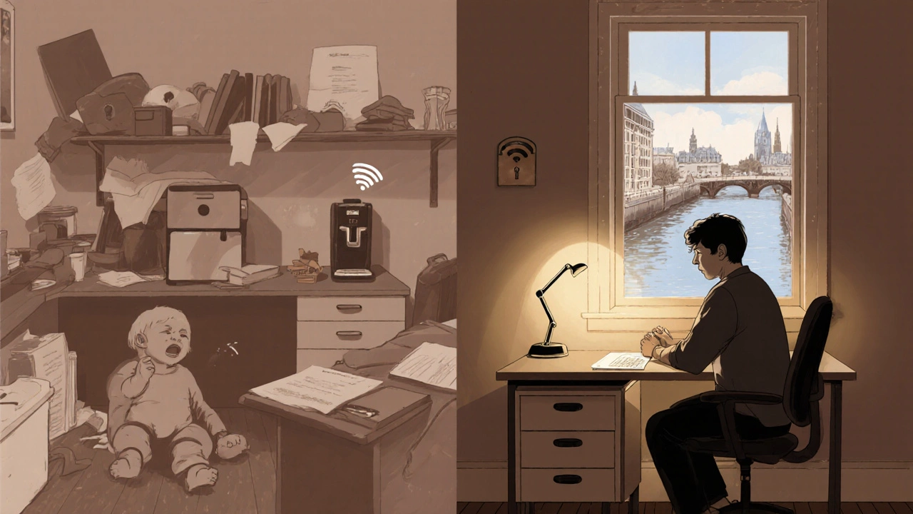 Split image contrasting home office chaos with calm productivity at Camden Collective&#039;s workspace.