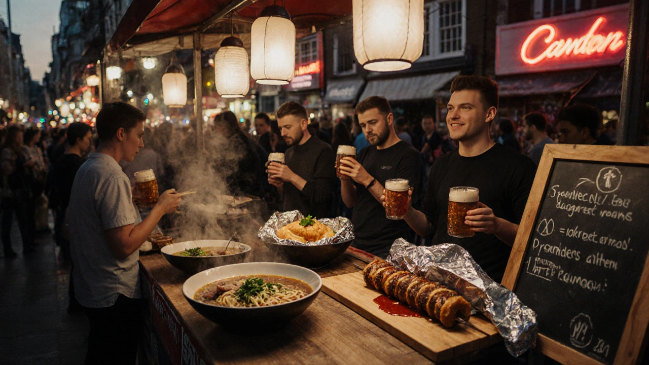 Steaming ramen, beef pie, and kebab at Camden Market, with lanterns and chalkboards in the background.