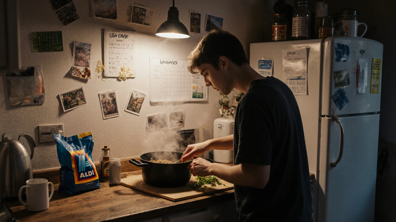Student cooking lentil stew in kitchen with Lidl and Aldi bags, UNiDAYS card on fridge, warm lighting.