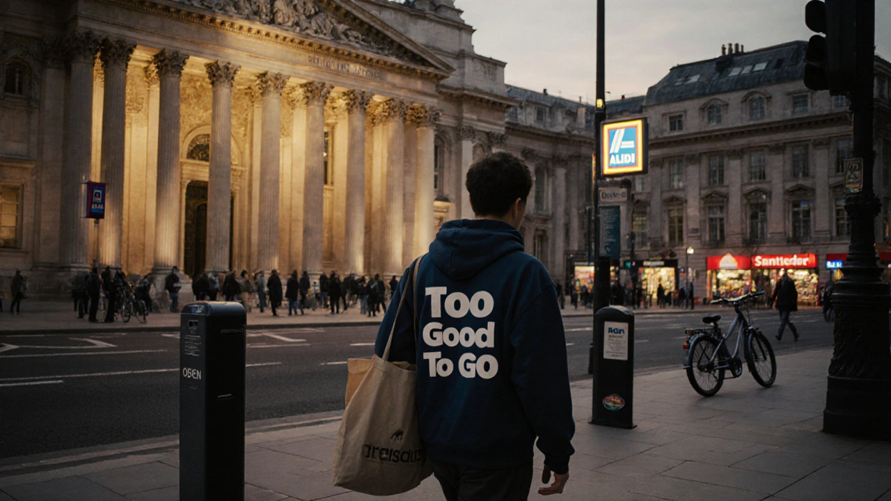 Student walking past British Museum with grocery bag and cycle station nearby.