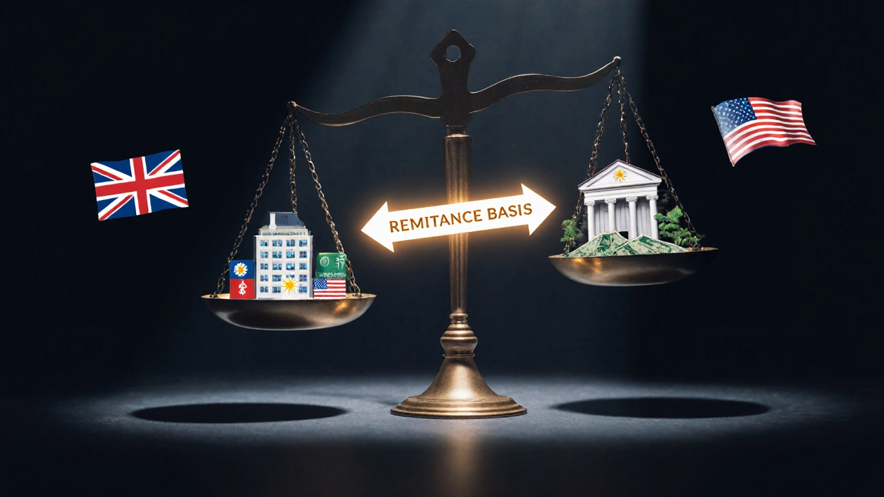 Symbolic scale balancing UK tax rules against foreign income sources with a remittance arrow.