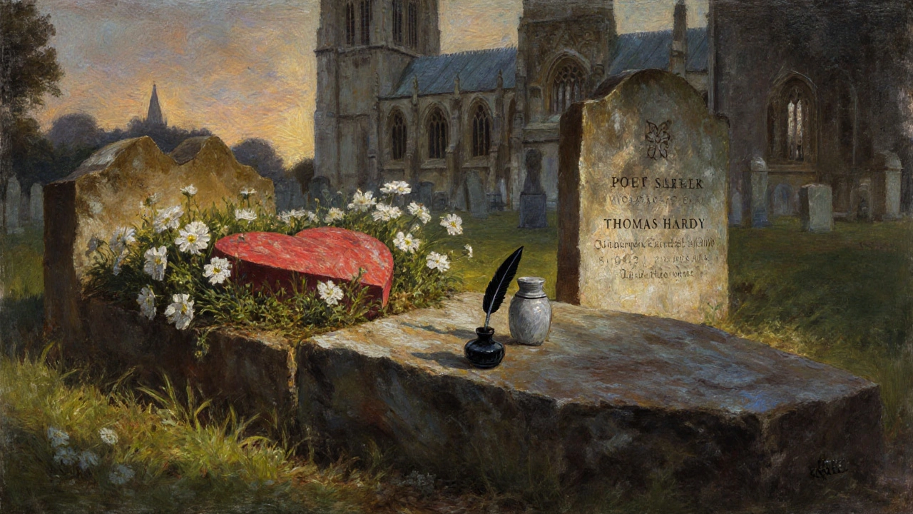 Symbolic split memorial of Thomas Hardy: one side in Dorset countryside, the other in Westminster Abbey with quill between.