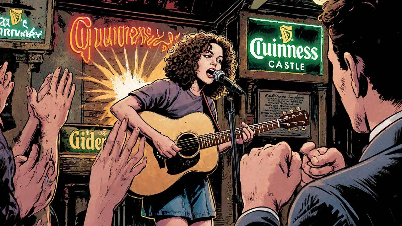 Teenage girl singing passionately at an open mic night in a gritty Camden pub.